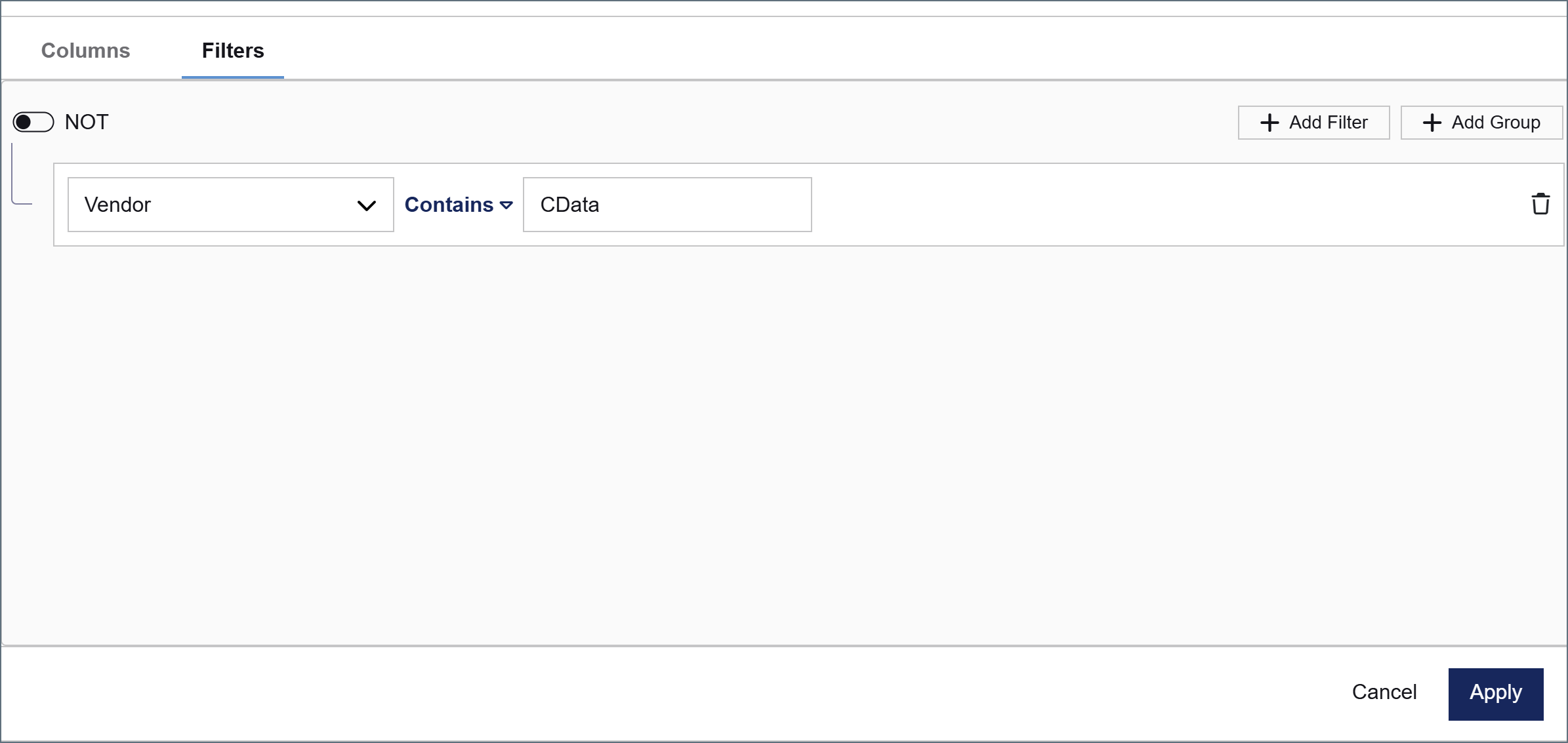 Filter configured on the Vendor column with Contains CData condition