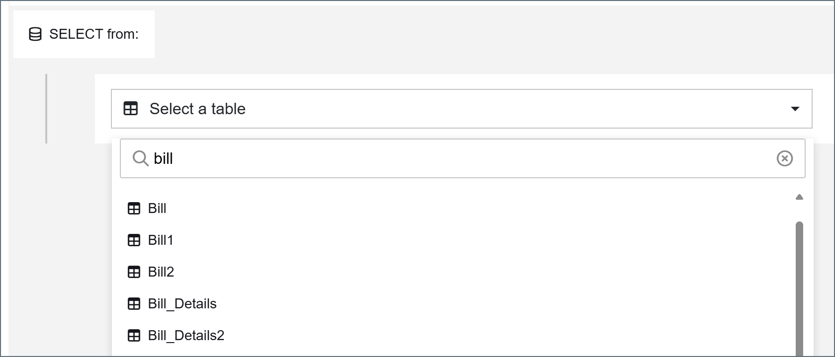 Dropdown for selecting a target table in the source structure editor