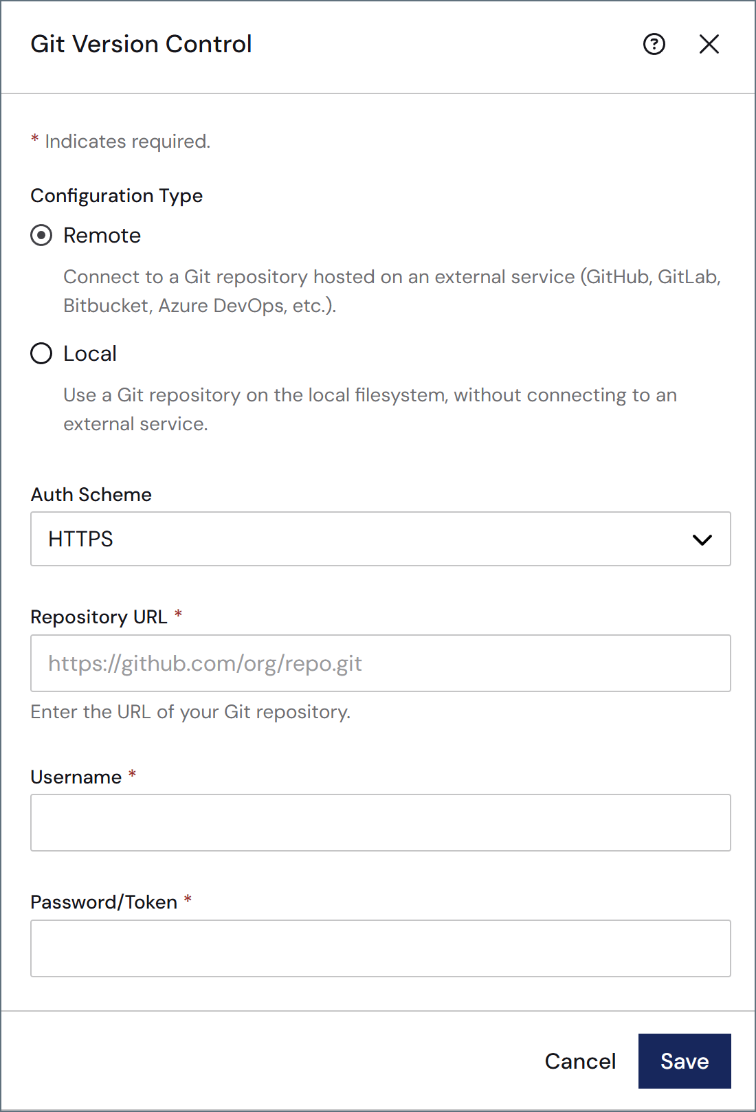 Git version control configuration pane