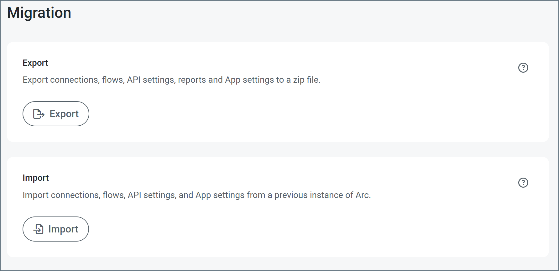 Migration section on the Advanced settings page