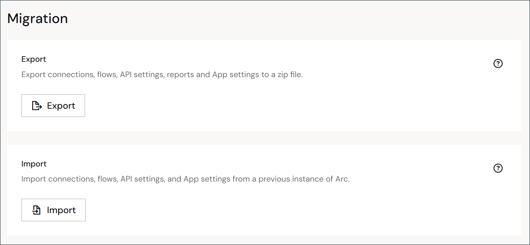 Migration section on the Advanced settings page